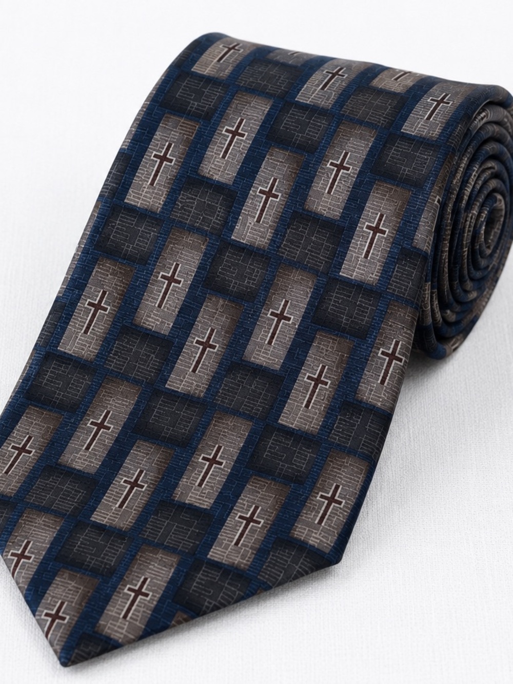 Christian’s Closet 100% Silk Cross Pattern Blue Gray Religious Tie Vintage